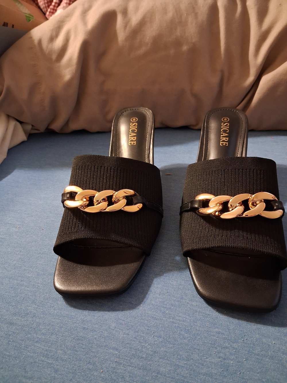 SICARE Womens Size 8 Black Gold Chain Kitten Heel Mule New No Box